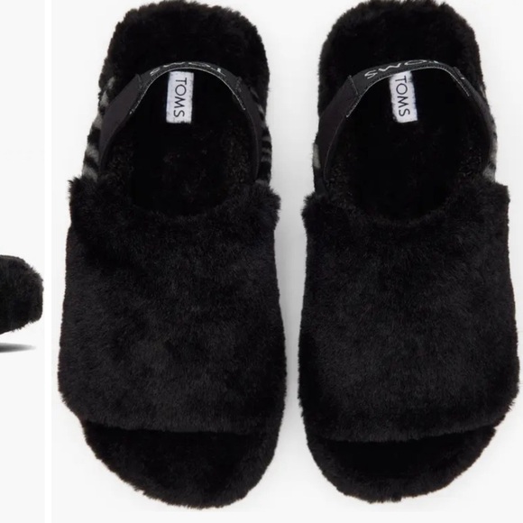 Toms Black Faux Fur‎ Sofia Elastic Strap Open Toe Slipper - Picture 2 of 7